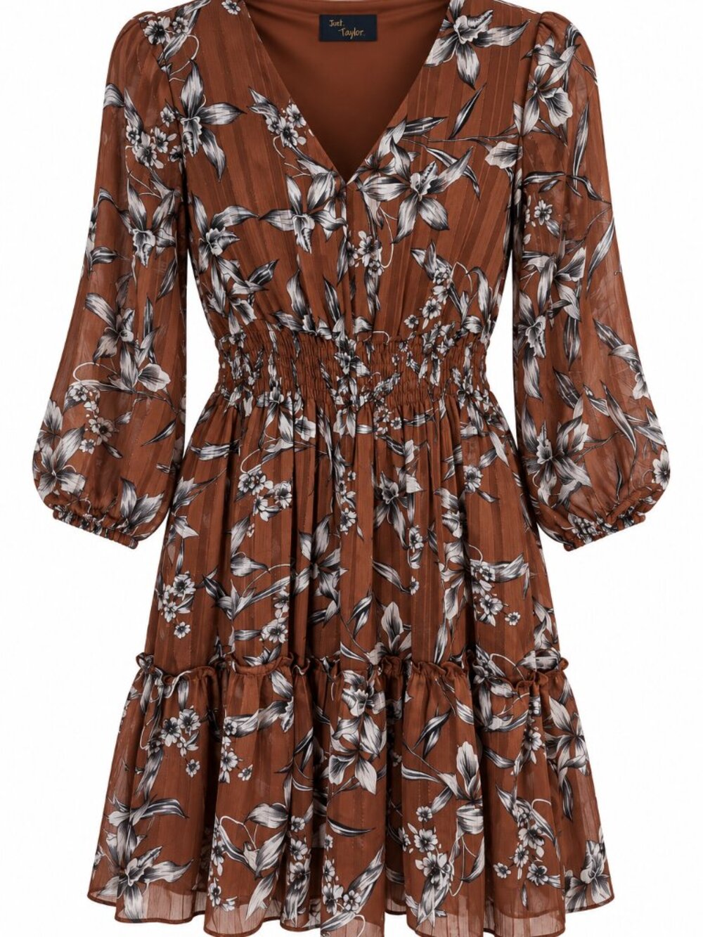 Just Taylor Floral Dress Women’s 6 Brown Tiered Smocked Waist Boho Long Sleeve